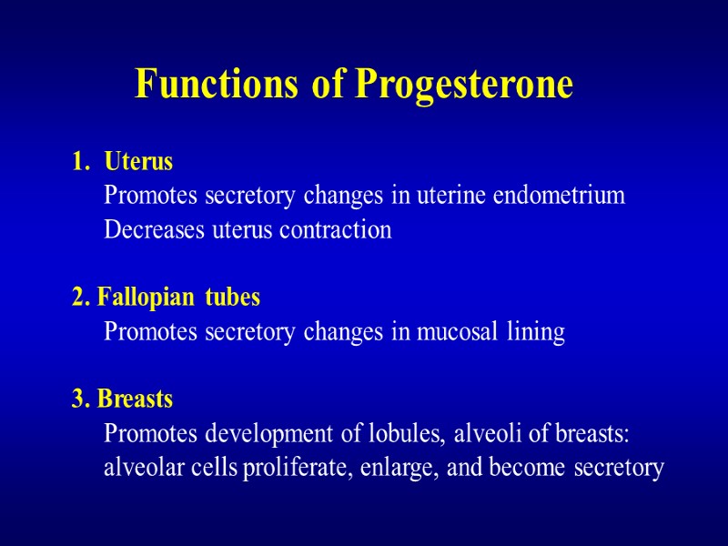 Functions of Progesterone Uterus  Promotes secretory changes in uterine endometrium  Decreases uterus